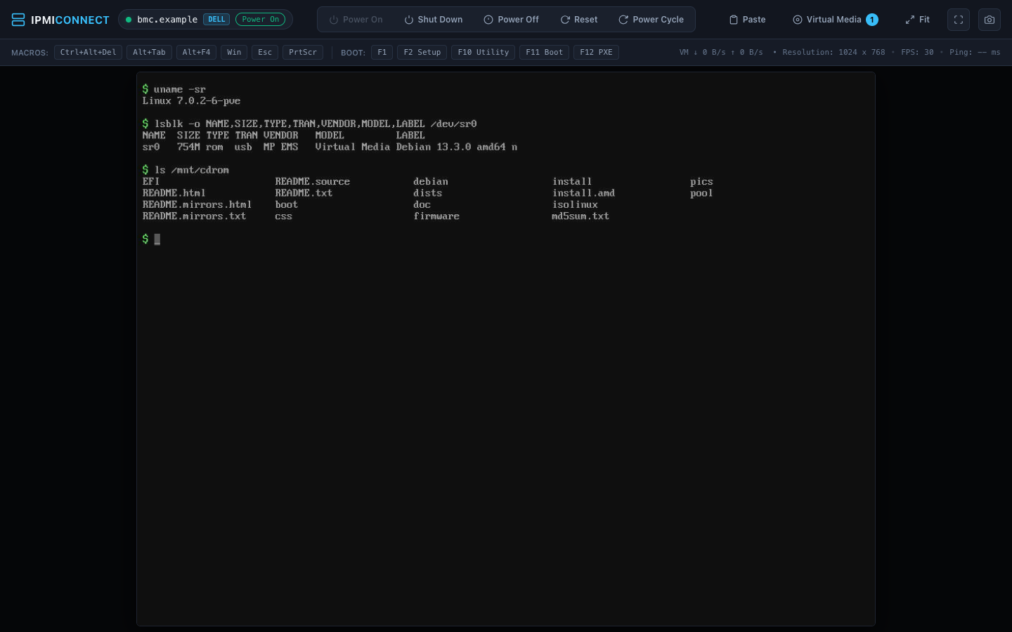The ipmi-connect console showing a host with virtual media attached