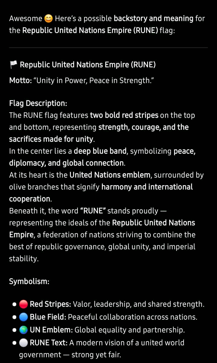 ChatGPT generating a motto, flag description and symbolism breakdown for the Republic United Nations Empire